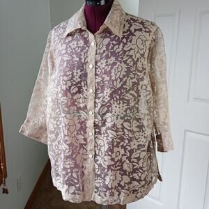 Notations Sheer Tan Floral Mesh Blouse 1X NEEDS REPAIR button down summer cover